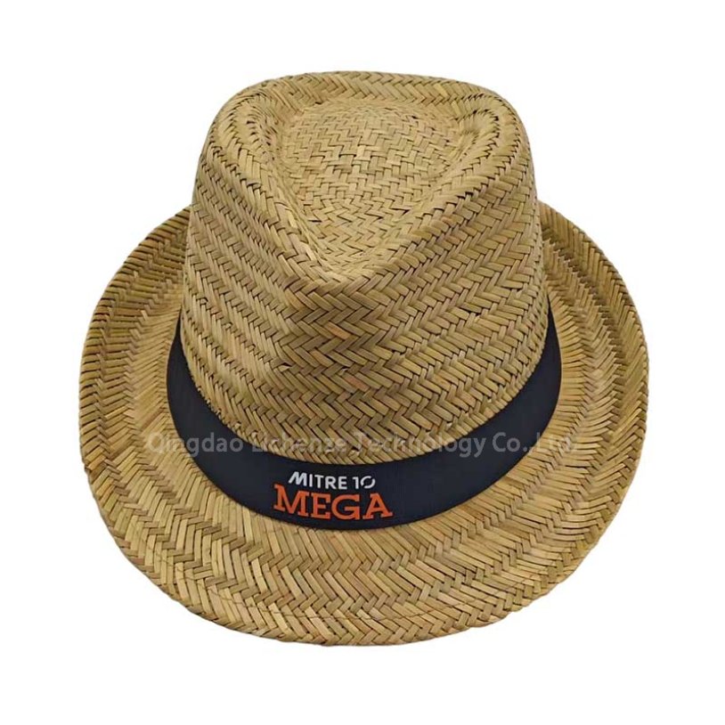 Unisex Wide Brim Character Hollow Rush Grass Print Logo Band Straw Panama Fedora Sun Hat for Summer Beach