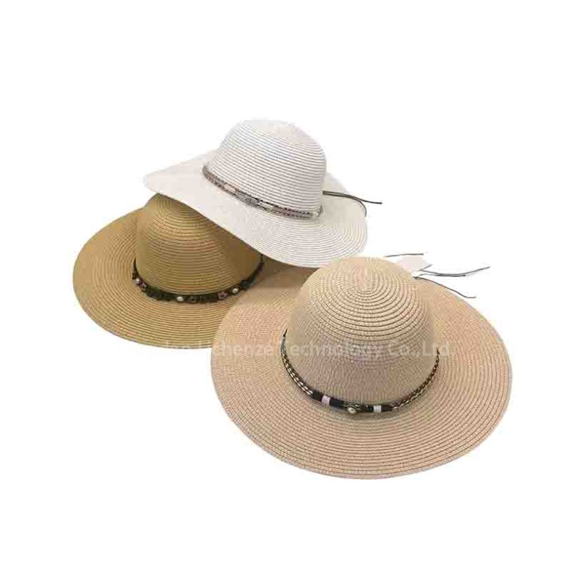 Wholesale Women's Retro Wide Brim Large Floppy Sombrero Sunscreen Hat Cute Fashion Metal Beads Pearl Diamond Decorated Cord Fishing Outdoor Casual Straw Paper Floppy Hat