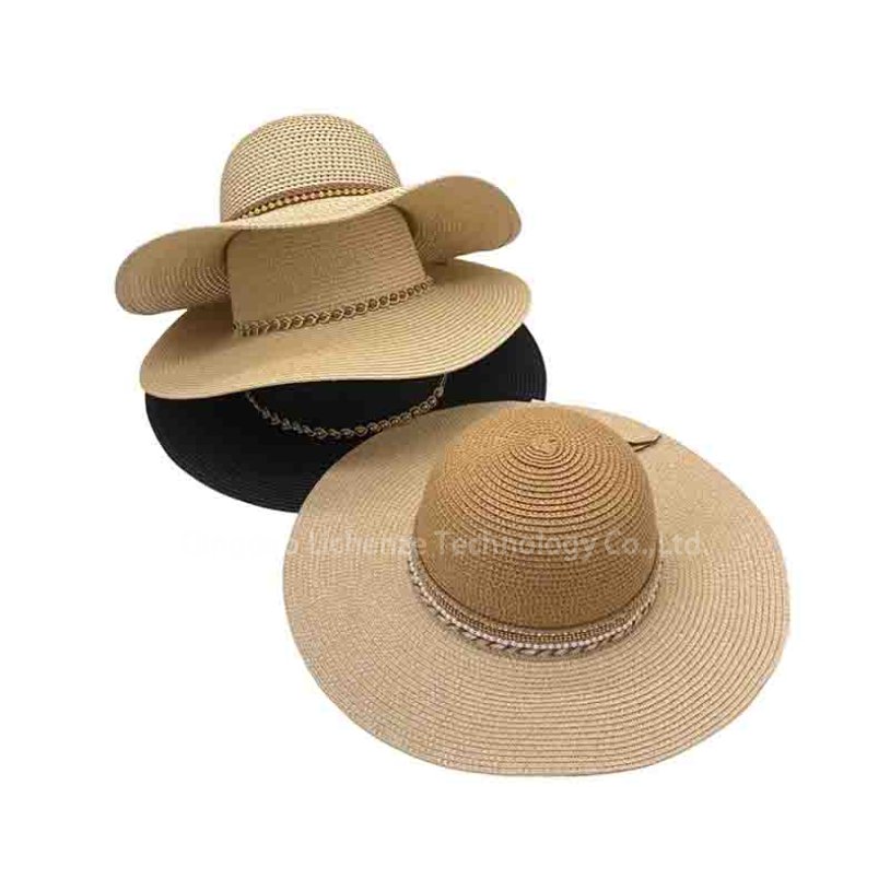 Wholesale Women's Retro Wide Brim Large Floppy Sombrero Sunscreen Hat Cute Fashion Metal Beads Pearl Diamond Decorated Cord Fishing Outdoor Casual Straw Paper Floppy Hat