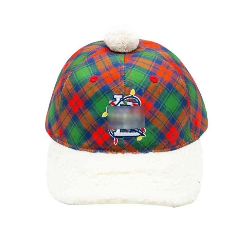 Check Coloful Fabric Fleece Brim Pom Pom Decorated Baseball Cap Children Kids Winter Hat