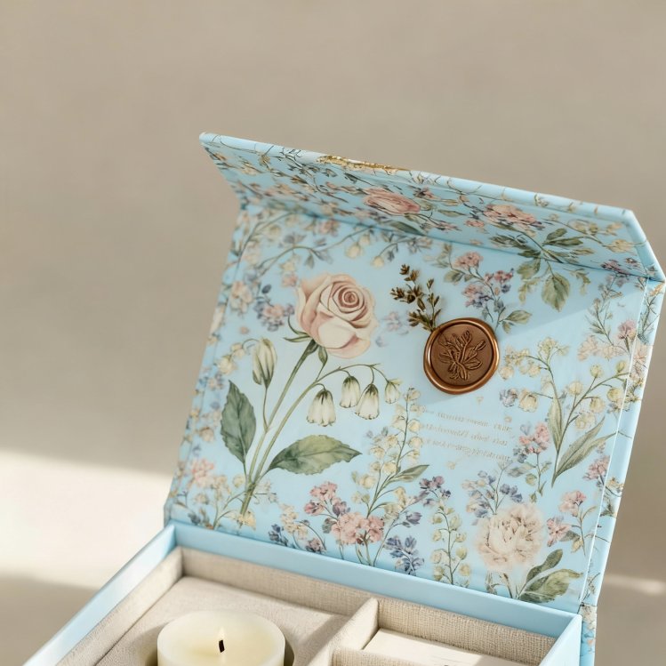 jimeng-2025-11-05-2827-编辑图1，整体盒子添加繁花满底图案，盒身改为淡蓝色底色，金色火漆印章和白色蜡烛保...