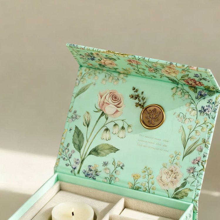 jimeng-2025-11-05-7474-编辑图1，整体盒子添加繁花满底图案，盒身改为薄荷绿底色，金色火漆印章和白色蜡烛保...