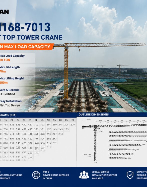 DH168-7013 10 Ton Flat Top Tower Crane 70m Jib Heavy Duty Construction Equipment